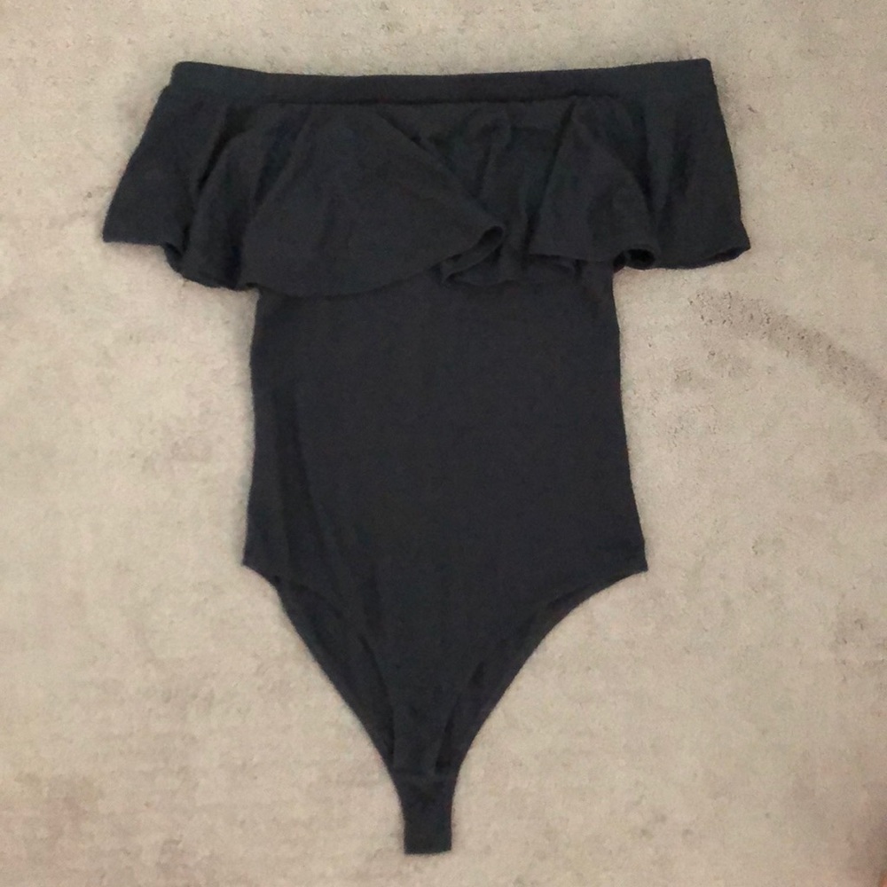 Black off the shoulder, ruffle bodysuit